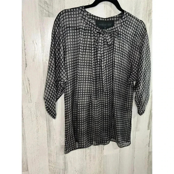 Graumann Women's Sheer Geometric Print‎ Blouse Black Size M 100% Silk - Picture 2 of 7